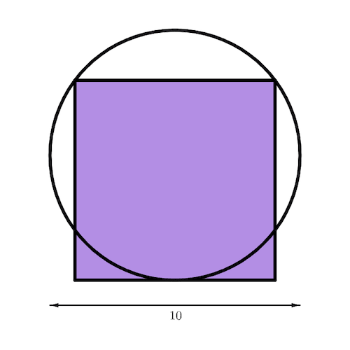 A circle and a square. The top vertices os the square lie in the circle. The bottom side of the square is tangent to the circle. A horizontal double arrow represents the diameter of the circle and is labeled/labelled ten.